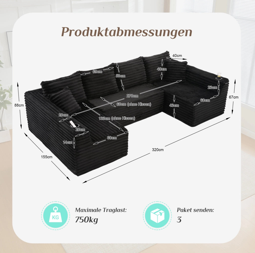 Divano modulare a U in tessuto corduroy nero 320 x 155 x 88 cm con portabicchieri