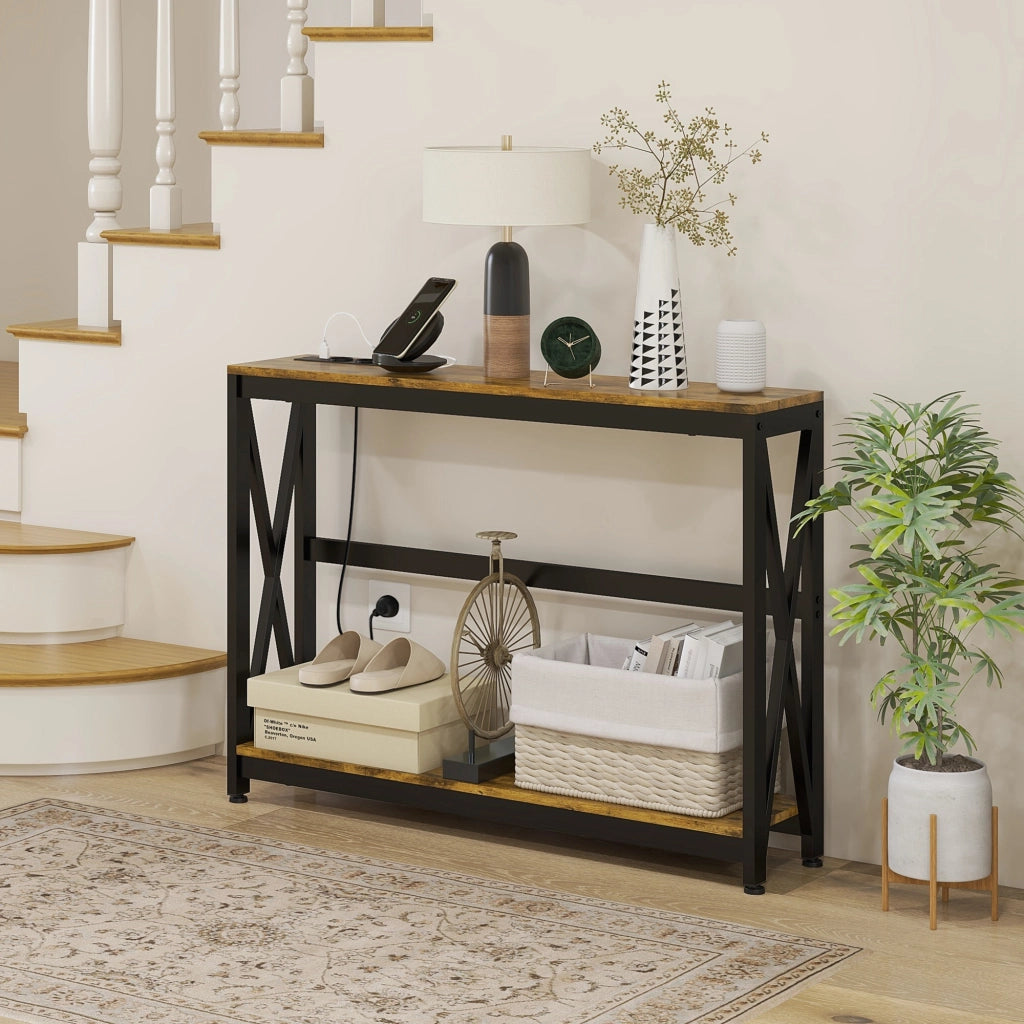 Consolle Ingresso 2 Ripiani con Stazione Carica USB ¨C zephmum ¨C Marrone 100x24x75 cm