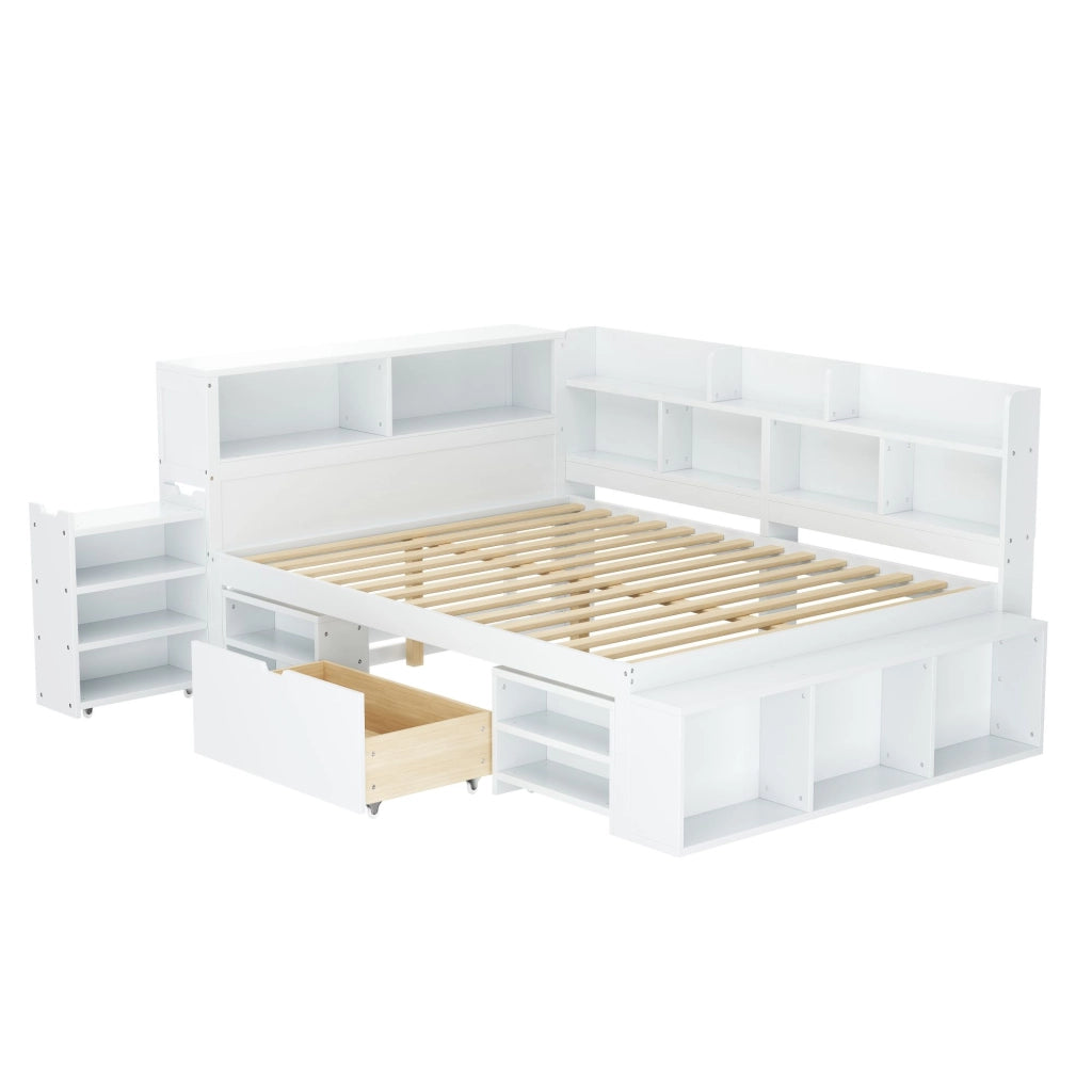 OKWISH Letto Bambini 140×200 cm, Letto Singolo con 1 Cassetto, Libreria e Armadietti, senza Materasso, in Multistrato, Bianco
