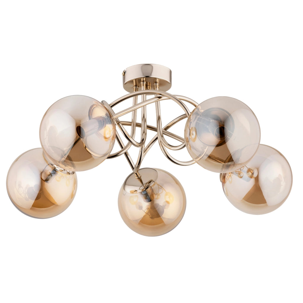 Plafoniera glamour oro antico sfere ambra 5xE14 Banko