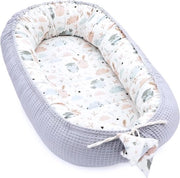 Babynest per neonati 90x50 cm - cocoon Realizzato a mano cotone a doppia faccia con babynest Uccelli Grigi