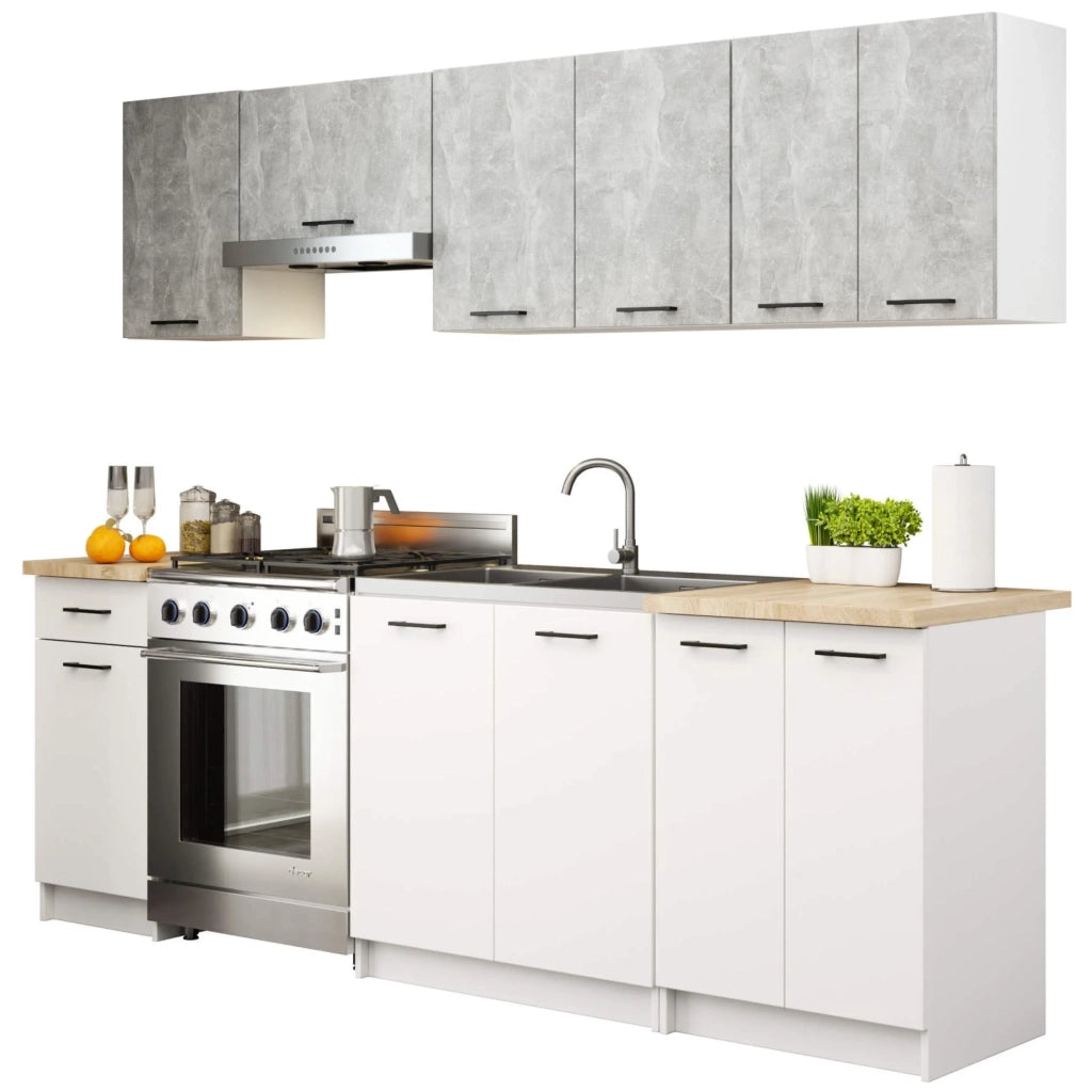 AKORD Set di Mobili da Cucina OLIWIA 240 cm Cemento 240 cm 11 ante 1 cassetto inserto frontale Bianco 240x46x203 cm