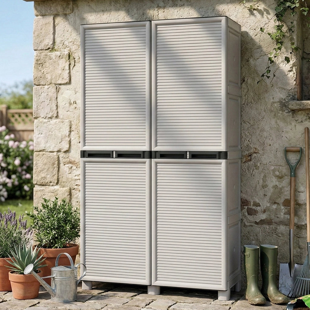 Armadio multiuso da esterno o Allain, Mobile a 2 ante e 3 ripiani in polipropilene, 100% Made in Italy, cm 100x39h172, colore Grigio chiaro
