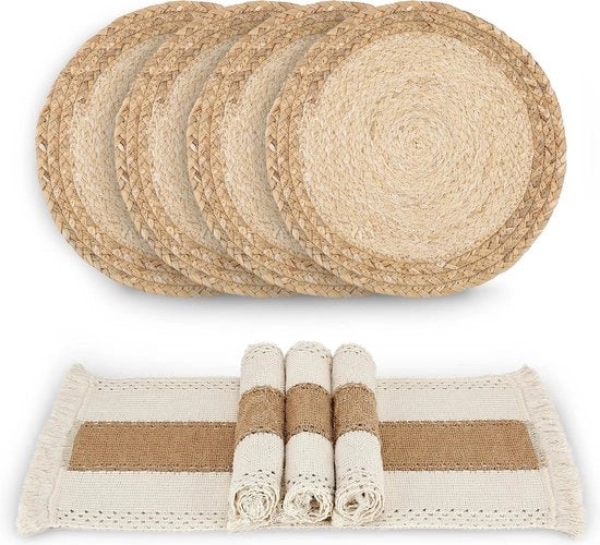 Set di Targhe per Tavolo Artigianali a 4 pezzi - Cotone Juta - Stile Rustico - Colori Naturali