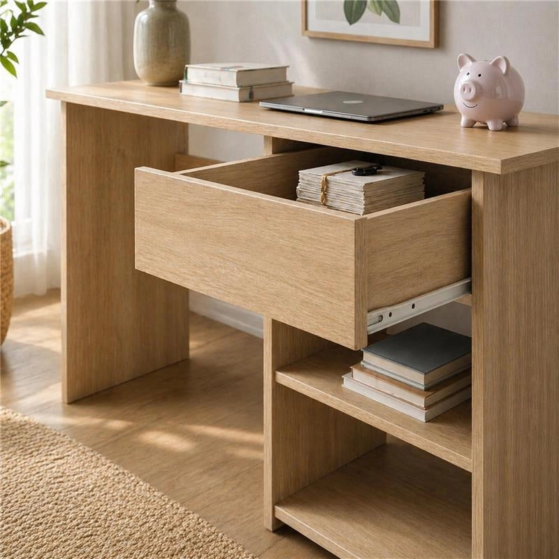 SCRIVANIA PER UFFICIO O CAMERA IN MDF ROVERE CON CASSETTO E RIPIANI MISURE 88X45X75 CM