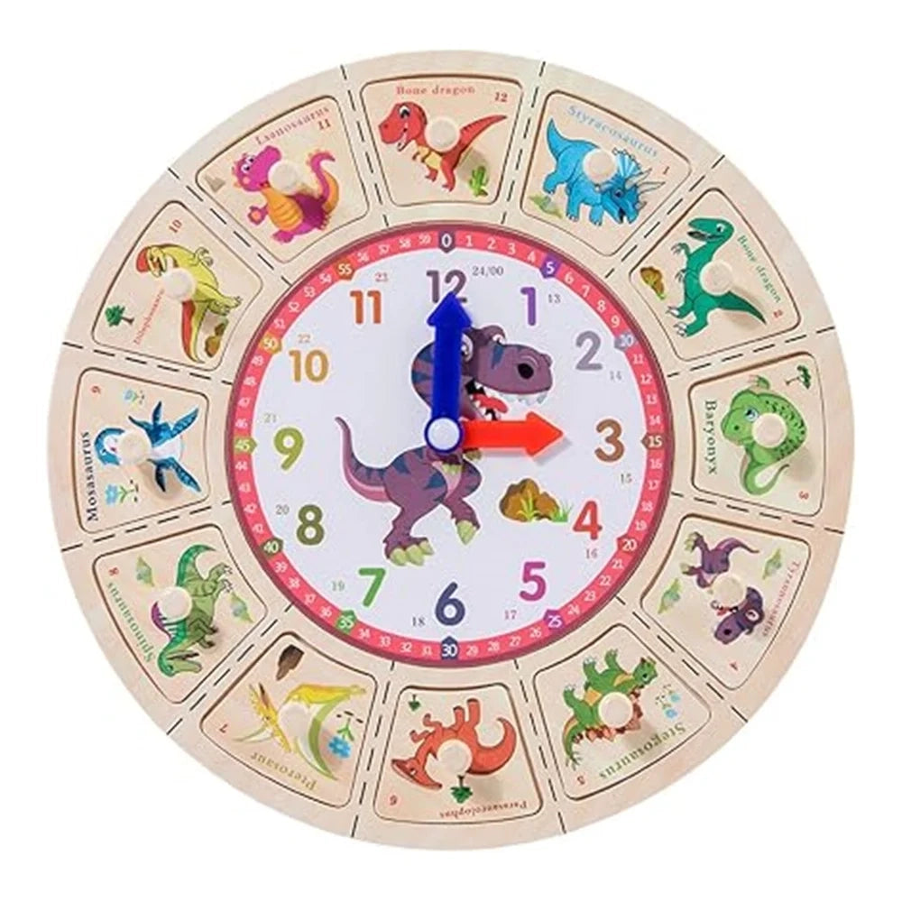 Trade Shop - Orologio Puzzle Legno Educativo Gioco Con Tessere A Incastro A Dinosauri Con Pomelli 53766 -