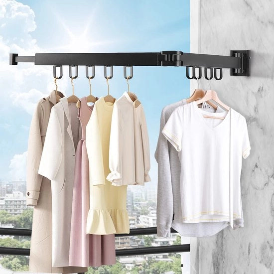 Kledingrek a Parete con 12 Ganci per Balcone, Bagno, Camera da Letto e Vestibolo, 90cm, Estensibile e Ripiegabile