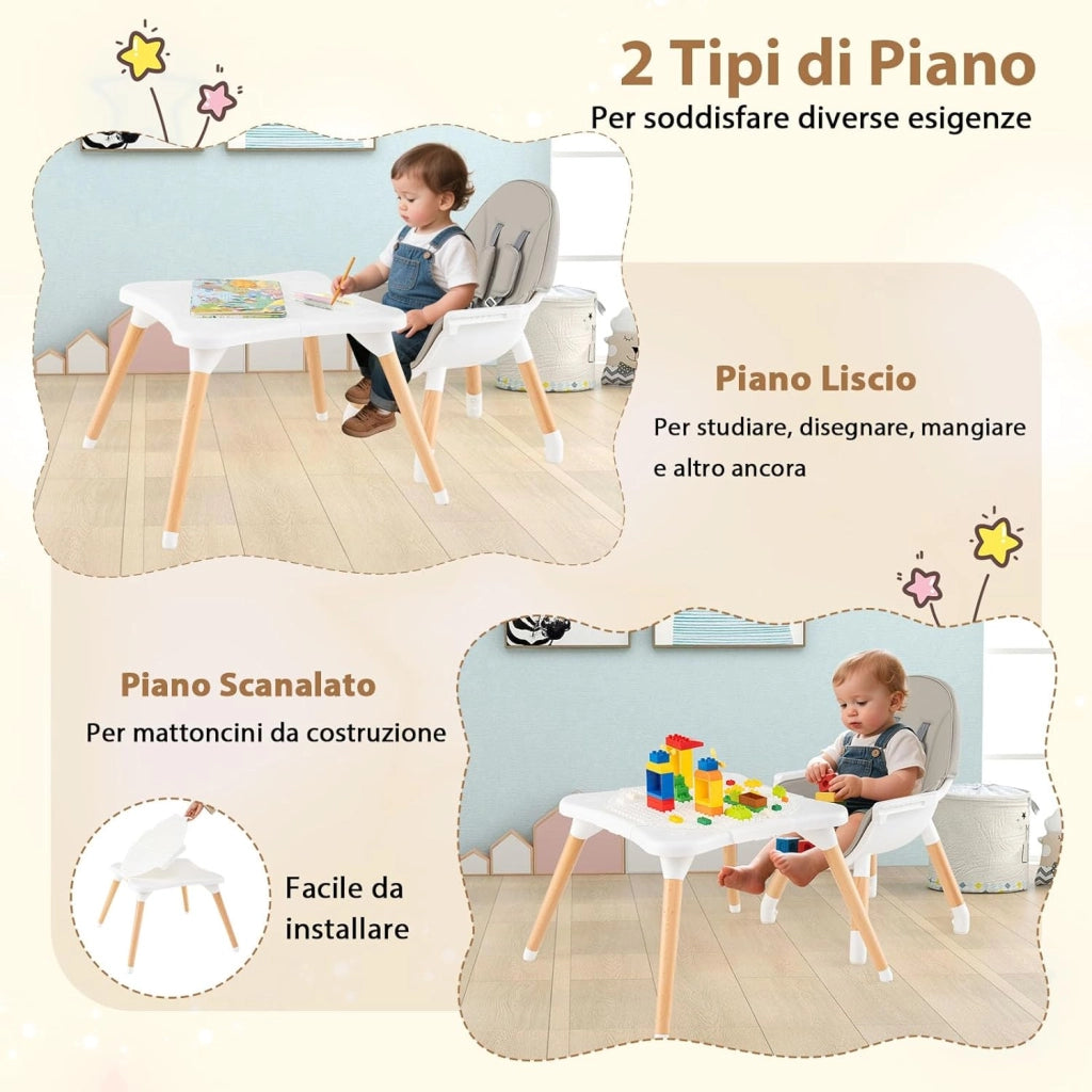 6-in-1 Seggiolone per Neonati, Seggiolone Prima Pappa, Tavolo e Sedia Convertibile per Bambini, Imbracatura di Sicurezza, Vassoio Rimovibile, per Bambini 6-36 Mesi (Grigio+Bianco)