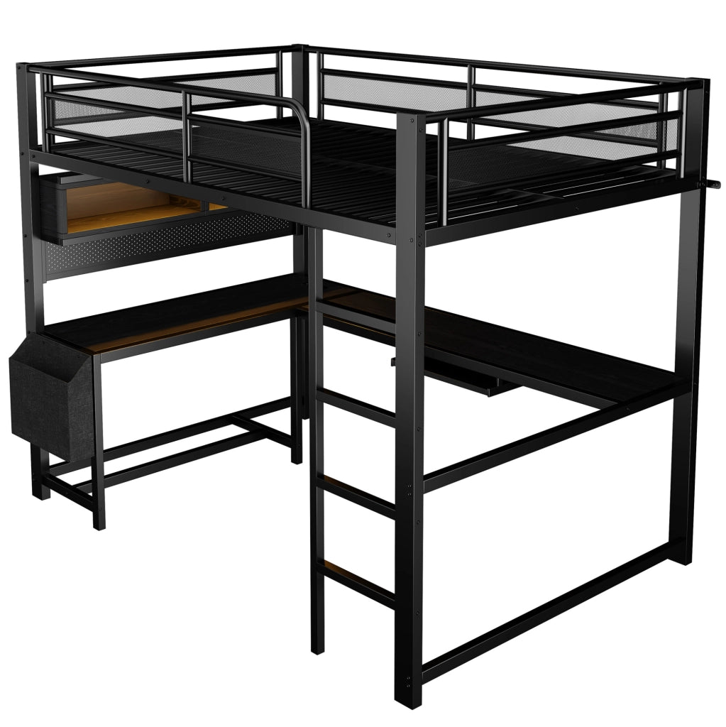 Letto a soppalco 140x200 cm con scrivania; LED e stazione di ricarica in MDF e metallo nero