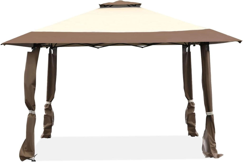 Gazebo da Giardino 395 x 395 cm Pop Up, Gazebo Pieghevole con Doppio Tetto e 3 Altezze Regolabili, con Borsa,Tessuto Oxford, Impermeabile, per Feste, Barbecue, Giardino, Spiaggia (Marrone)