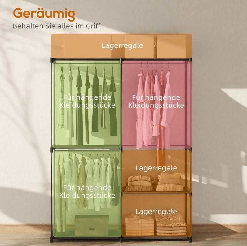 Armadio in tessuto nero con appendiabiti e 6 ripiani, 111 x 43 x 185 cm