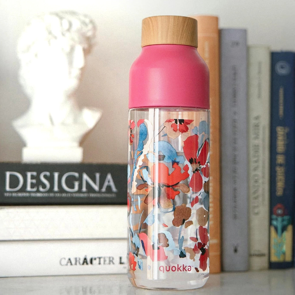 Bottiglia d'acqua riutilizzabile Ice 720ml con tappo in legno e motivo floreale Rosa Quokka