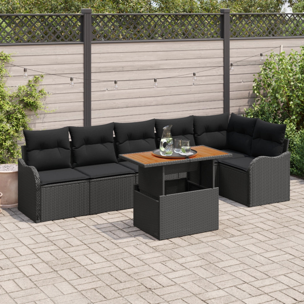 Set di divano da giardino 7 pezzi con cuscini Nero Polirattan Acacia