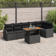 Set di divano da giardino 7 pezzi con cuscini Nero Polirattan Acacia