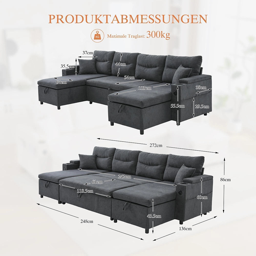 Canap¨¦ moderno per 4 persone - Xylo - Grigio scuro, con chaise longue, spazio di stoccaggio, porta-bicchieri e USB