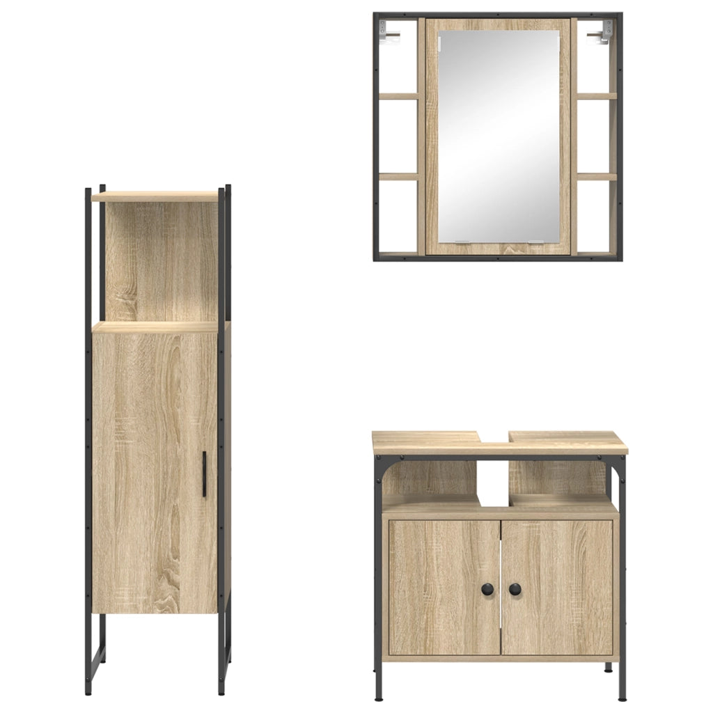 Set di Mobili da Bagno in 3 Pezzi in Rovere Chiaro in Legno Ingegnerizzato