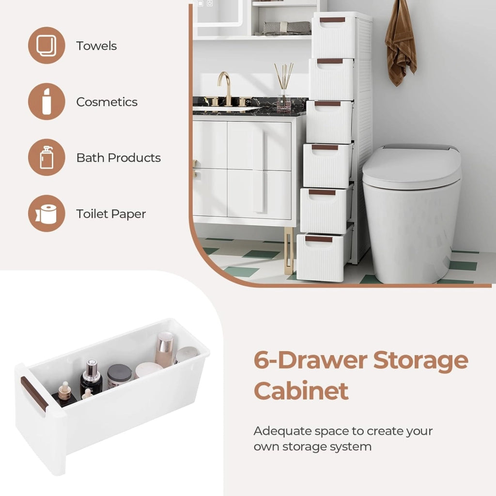 Mobiletto Stretto con Ruote, Carrello e Organizzatore Slim con 3/4/5/6 Cassetti per Spazi Piccoli, Cassettiera di Plastica per Soggiorno, Bagno, Cucina, Bianco (42 x 19 x 109 cm)