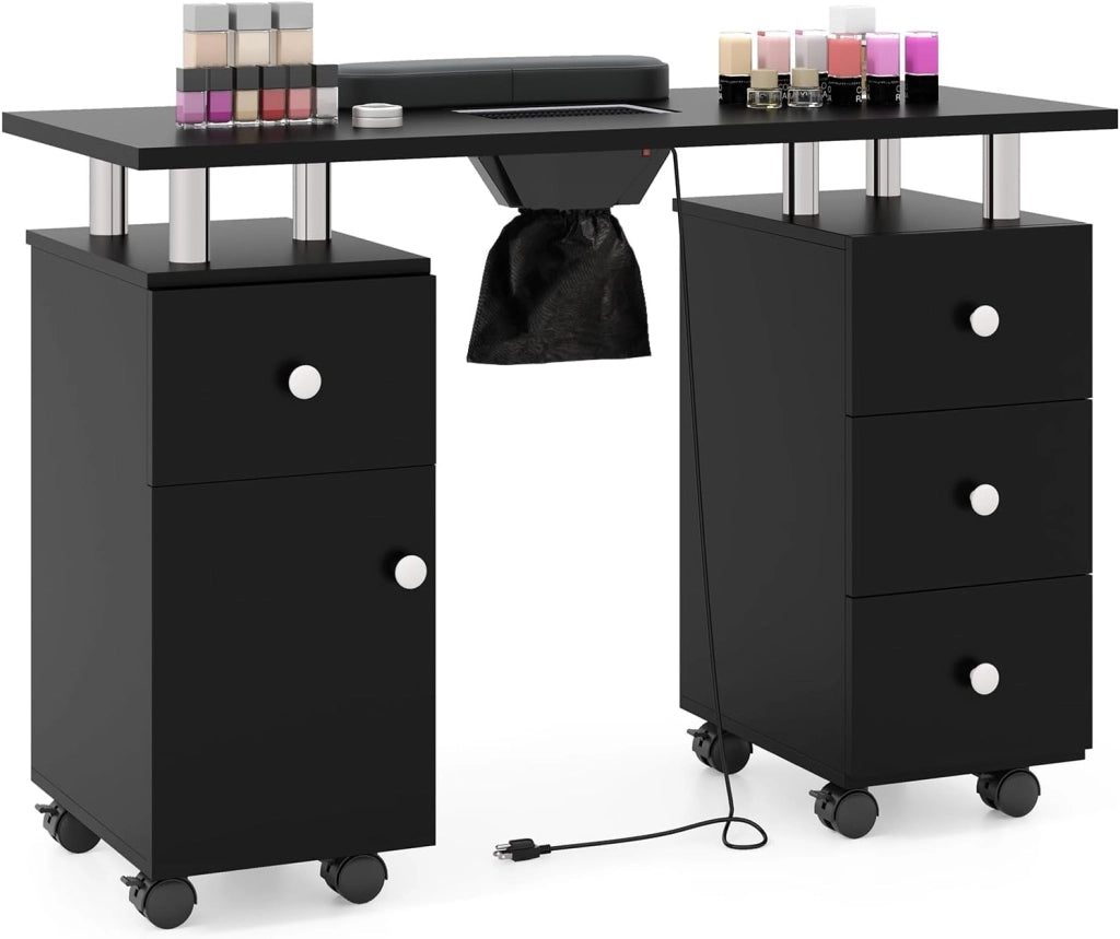 COSTWAY Tavolo Manicure con Aspirapolvere, Tavolo Unghie con Cassetti, Spina, 3 Sacchetti, Armadietto, Cuscino Poggia Polso e 8 Ruote blocabili, Banco Ricostruzione Unghie in Legno (Bianco)