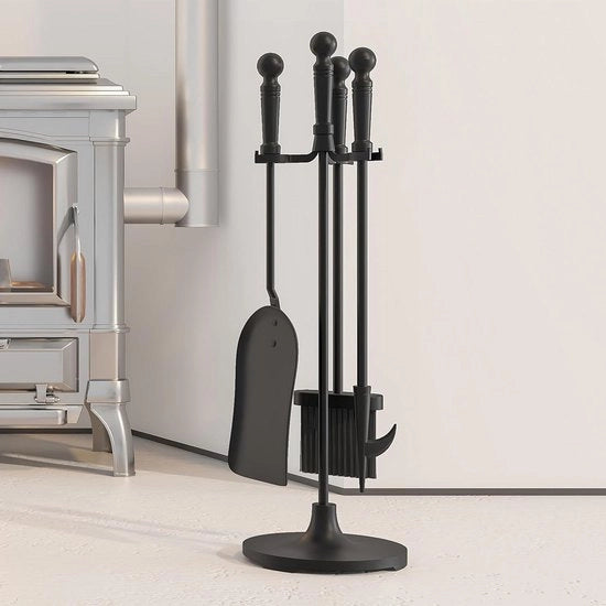 Set di accessori per camino in ghisa a 4 pezzi comprensivo di spazzola, rastrello, pala e manico standard diametro 16,5x53cm
