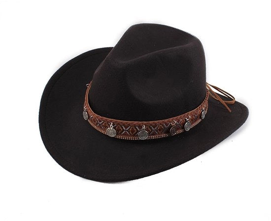 Hood cowboy per signora e signore, nero, 8 anelli, velluto, bordo ampio, fedora cowboy
