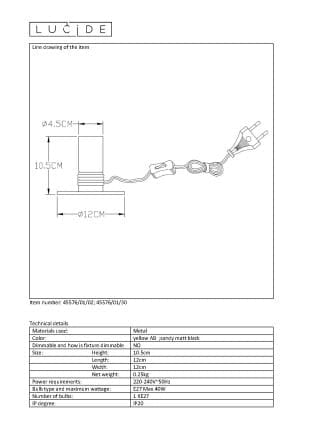 Lampada da tavolo Lucide Marit nera E27 40W 45576/01/30