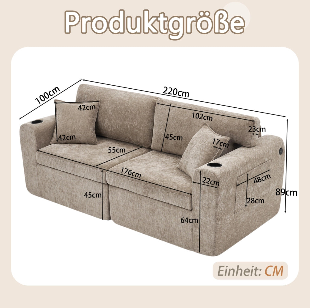 Divano 2 posti in ciniglia con tasche laterali; USB e portabicchiere; 220 x 100 x 89 cm; marrone