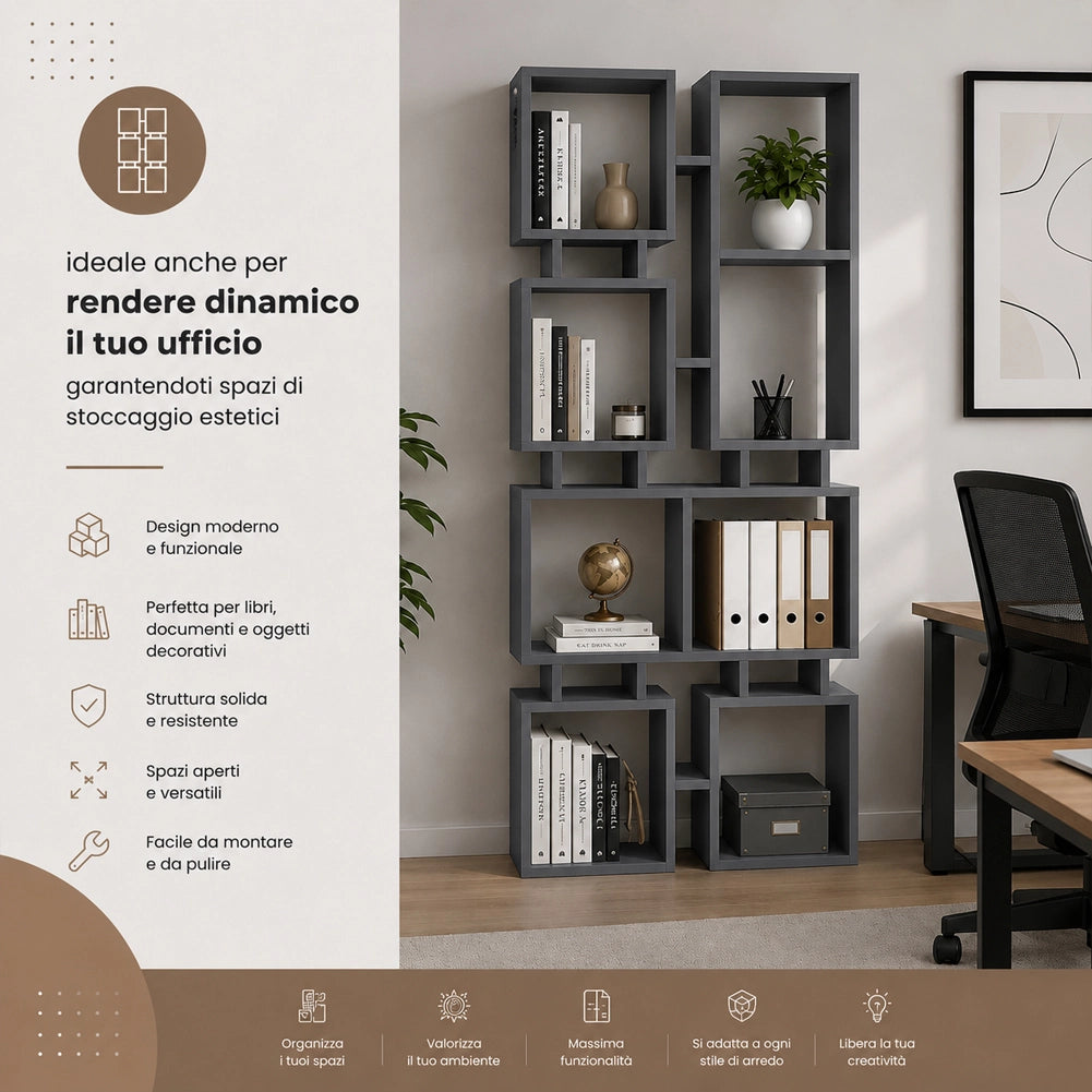 Libreria Moderna 4 Ripiani 79x24x166,5cm Scaffalatura Design Geometrico Antracite