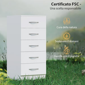 Cassettiera 5 Cassetti 40x35x85 cm dallo Stile Moderno in Truciolato Bianco