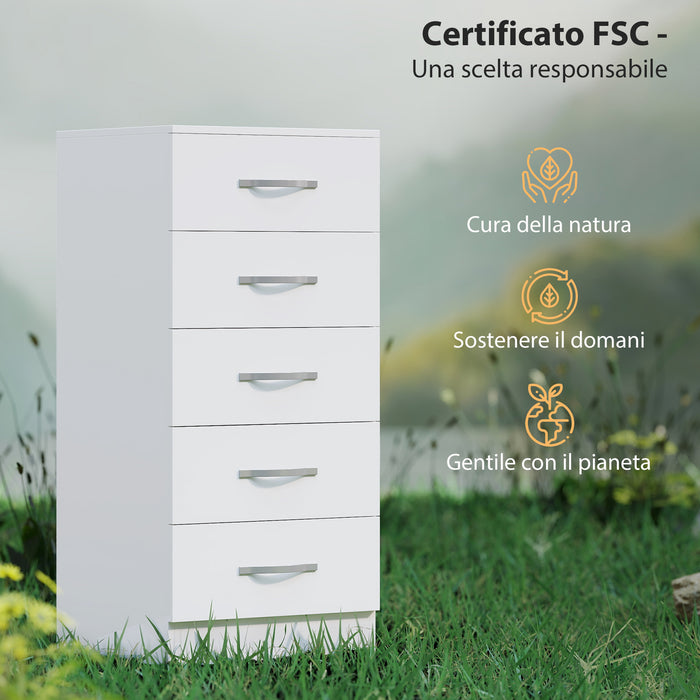 Cassettiera 5 Cassetti 40x35x85 cm dallo Stile Moderno in Truciolato Bianco