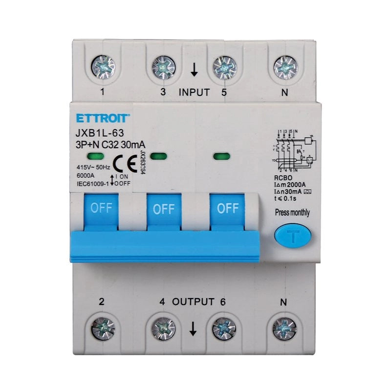 RCBO Interruttore Magnetotermico Differenziale Tipo A Curva C 3P+N 4M 6000A 30mA C32A AC 400V IP20 IEC61009-1
