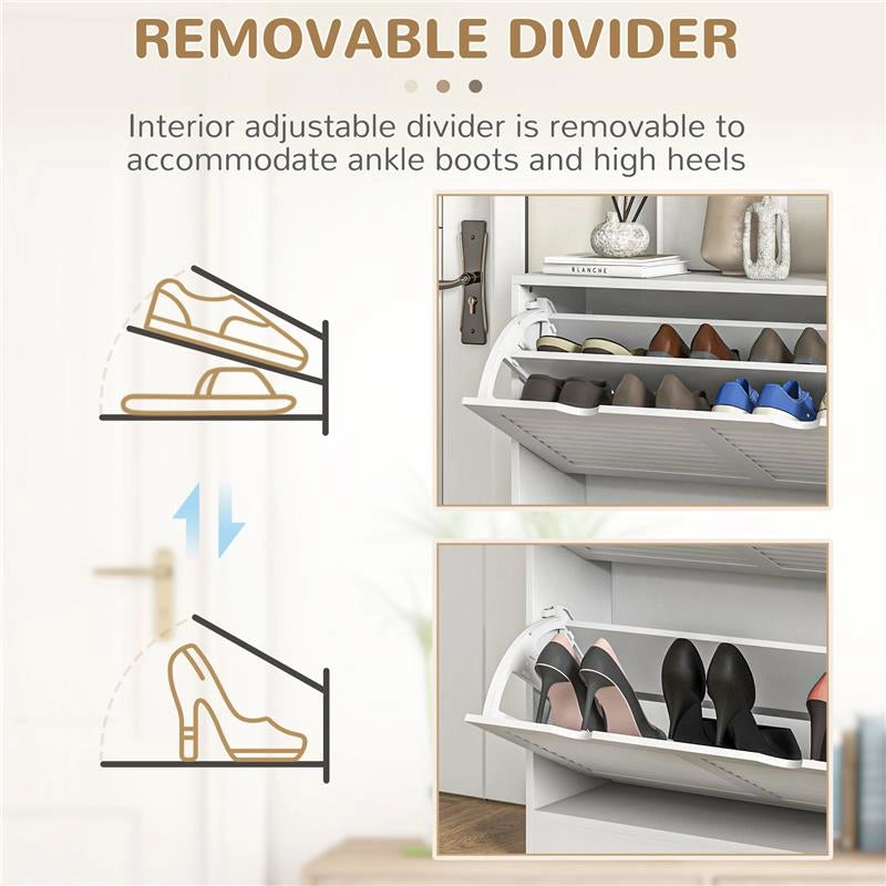 MOBILE SCARPIERA SALVASPAZIO IN LEGNO PER 16 PAIA DI SCARPE CON 2 ANTE A RIBALTA, 81.5X25X83CM, BIANCO