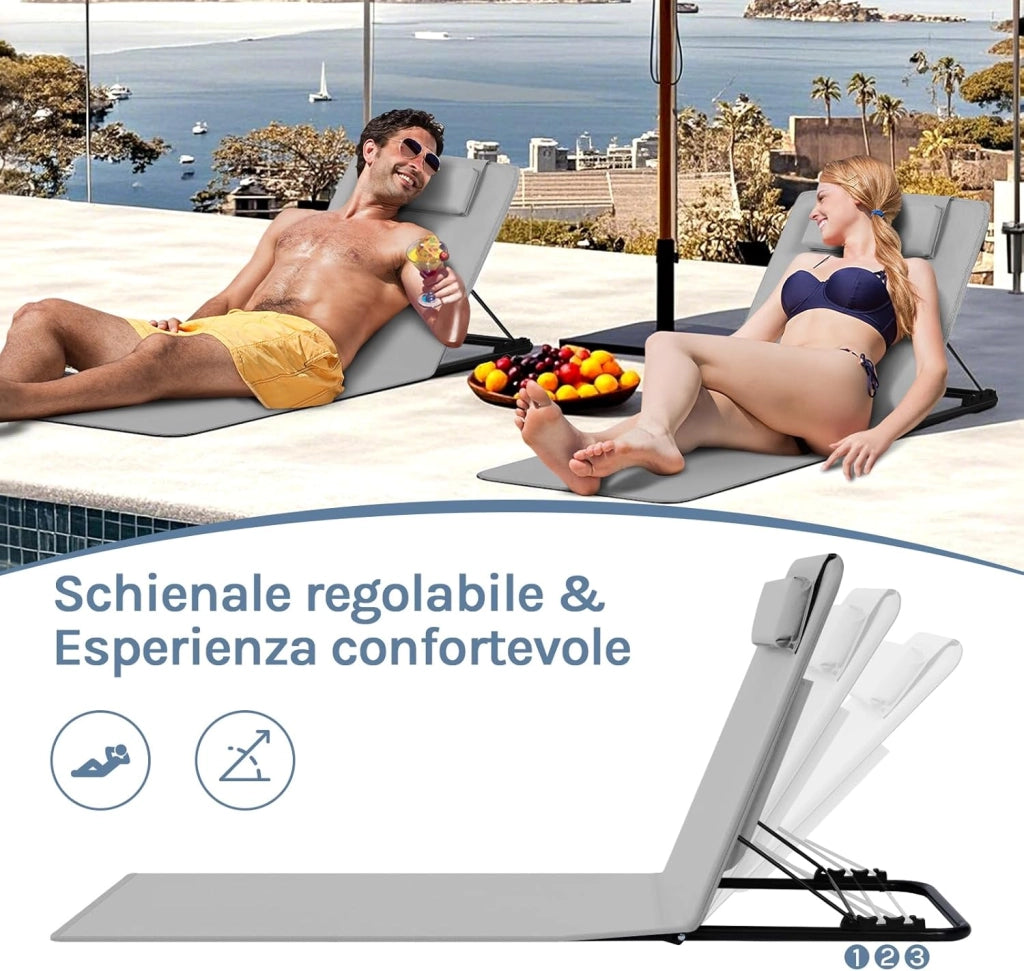 Set di 2 Lettino da Spiaggia, Lettino Prendisole, Lettino Pieghevole, Schienale Regolabile in 3 Angolazioni, con Poggiatesta, Sdraio da Spiaggia, in Oxford e Metallo,Grigio Chiaro