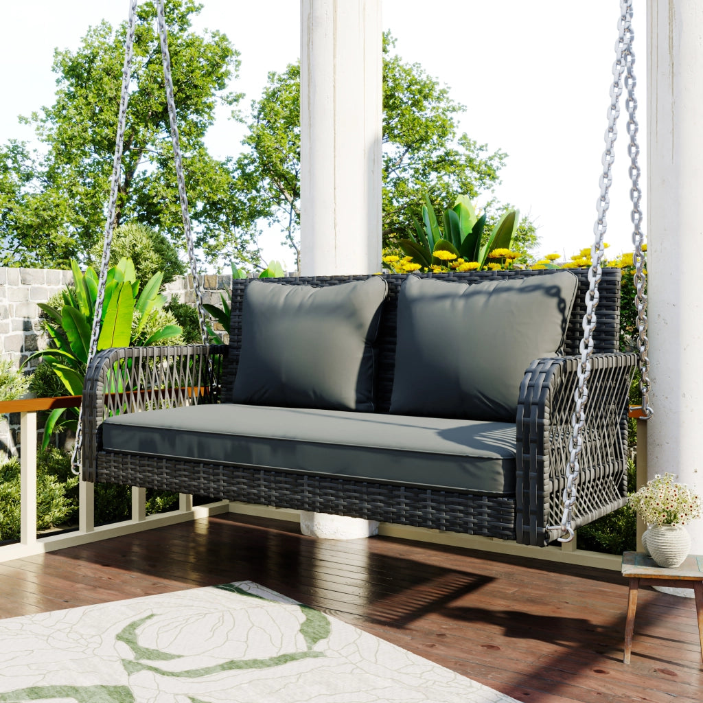 Hollywoodschaukel in Rattan Grigio - Zephmum - 2 Posti, Cuscini Rimovibili e Lavabili