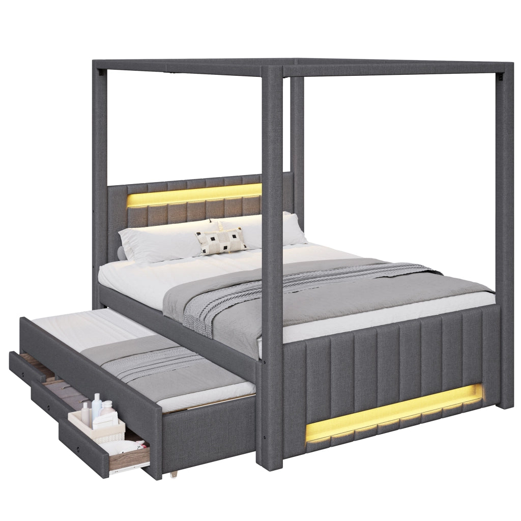 Letto Matrimoniale 140x200 cm con Letto Estraibile; 3 Cassetti e LED; Grigio