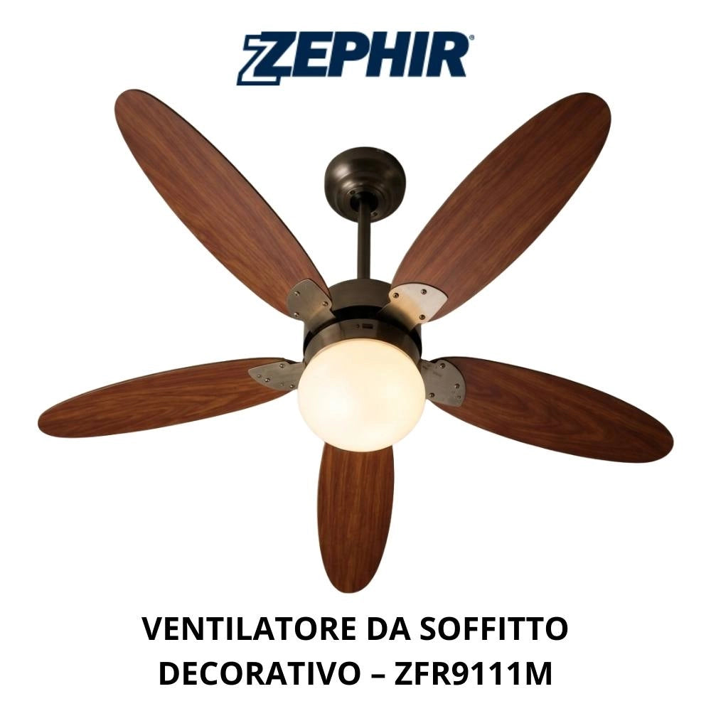 Ventilatore da soffitto zephir zfr9111m e zfr9111b 70w 5 pale legno con luce *** colore marrone, confezione 1
