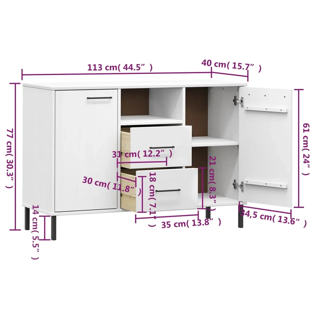 Credenza | Madia | Buffet da pranzo | Armadio da pranzo Gambe Metallo Bianco 113x40x77 cm Legno Massello OSLO
