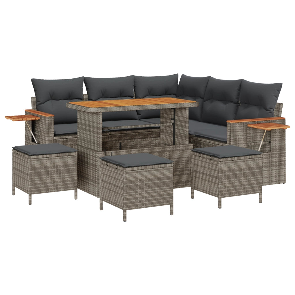 Set Divano da Giardino 9 pezzi con Cuscini Grigio Rattan Poliestere