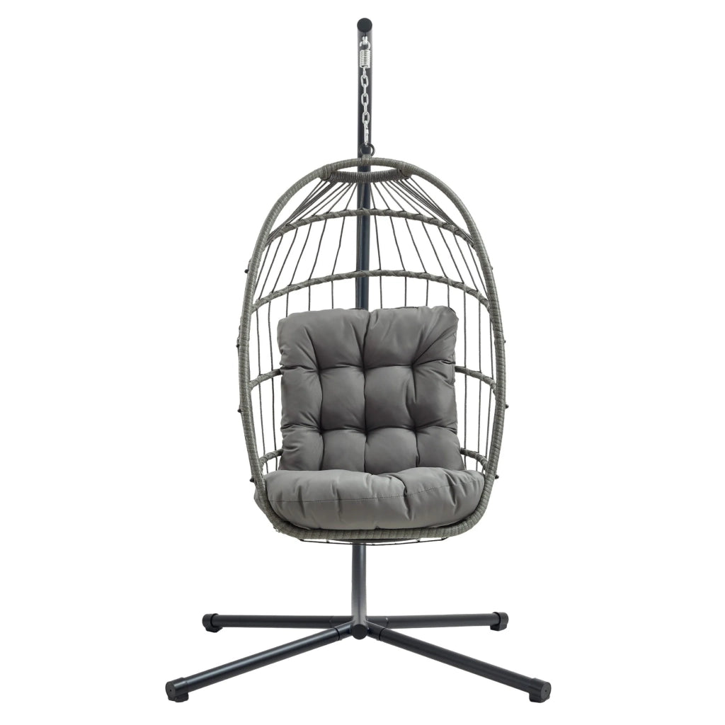 Poltrona Uovo Sospesa Rattan Grigio Altalena Giardino con Cuscino
