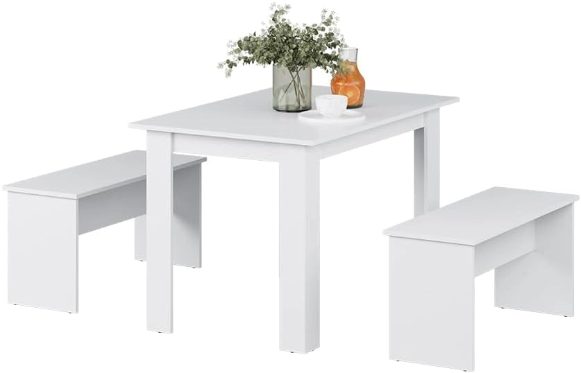 Set di tavoli da pranzo Sentio, Bianco, 112 x 73.6 cm con 2 panche, adatto come set da pranzo per piccoli spazi e cucine
