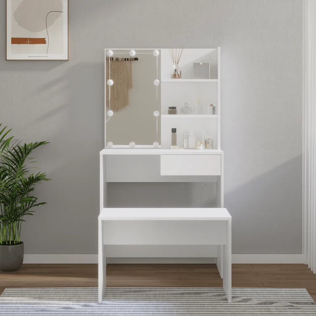 Set Tavolo da Toeletta | Tavolo da Trucco Bianco con LED in Legno Multistrato