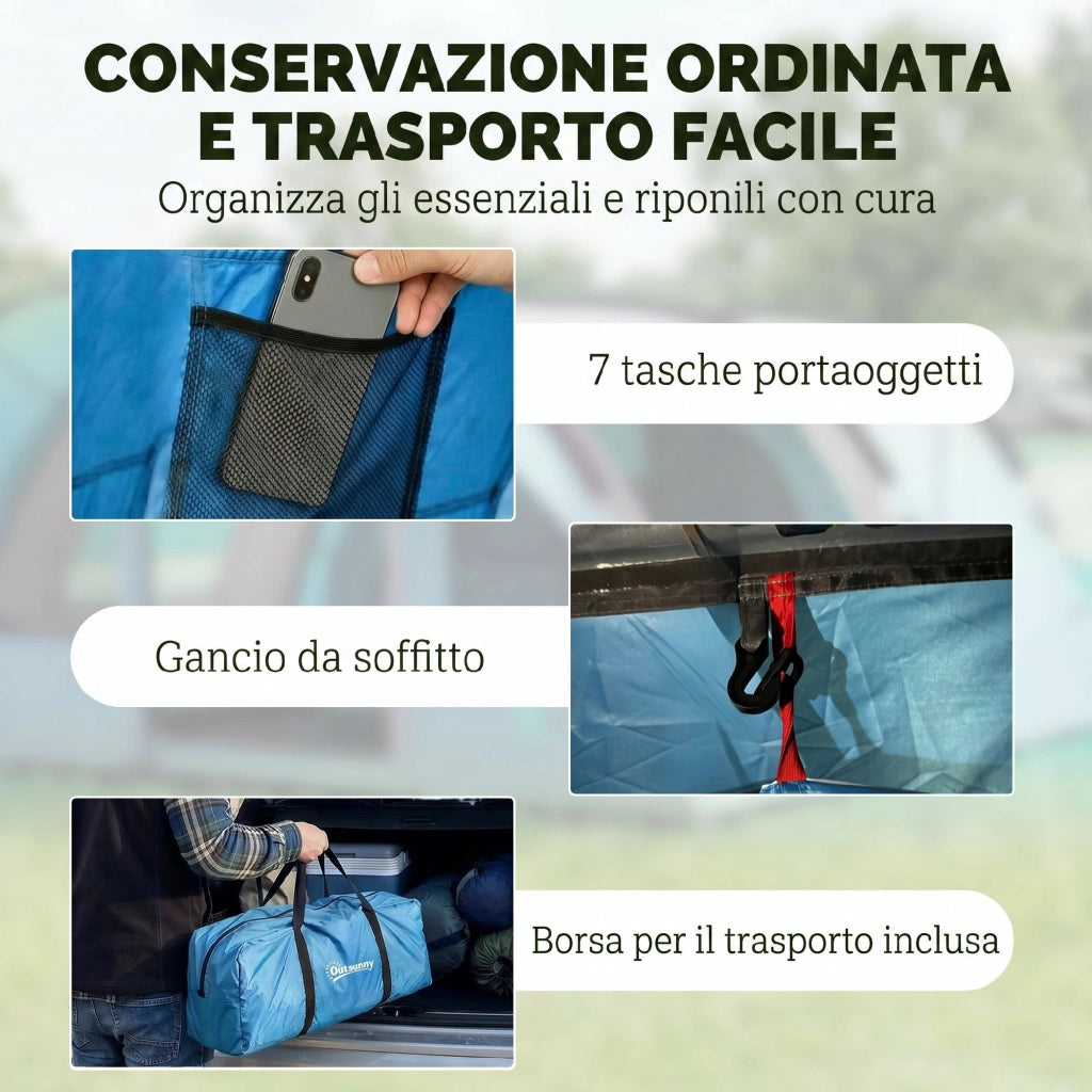 Tenda da Campeggio Tunnel 2 Stanze 4 Persone 200cm ¨C zephmum ¨C Azzurro Impermeabile 3000mm