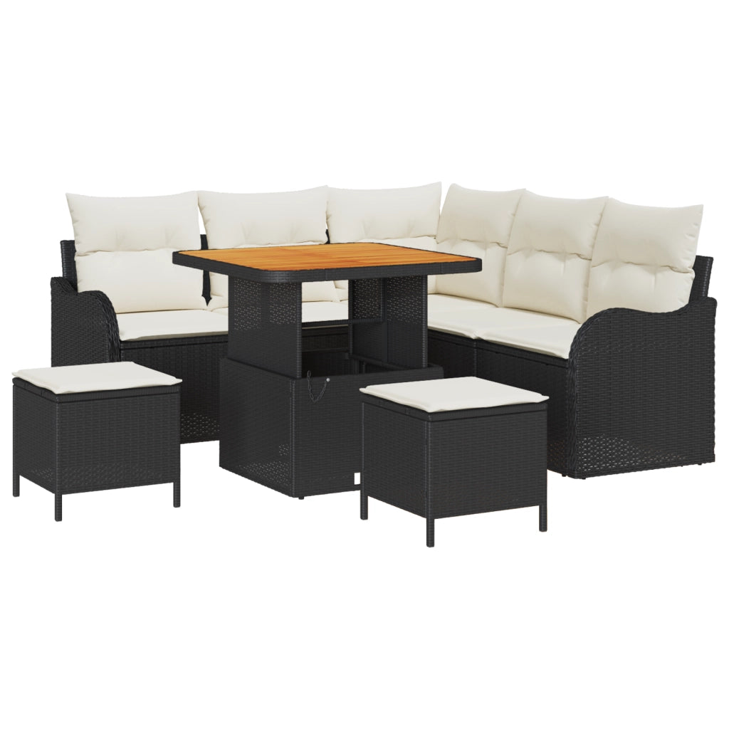 Set di divani da giardino  8 pezzi con cuscini in polyrattan nero di acacia