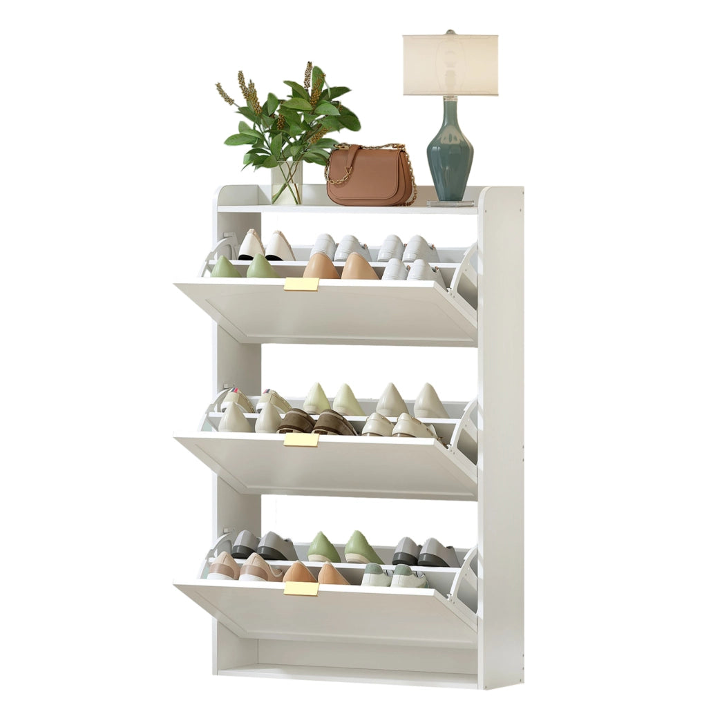 Mobile porta scarpe stretto a 3 livelli 76x23x118 cm in pannello truciolare bianco