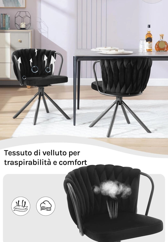 Sedia da Pranzo Girevole Set di 2, Poltrona Imbottita con Schienale Intrecciato e Gambe in Metallo, Sedia Scandinava, Velluto,Nero EZS72sz-2