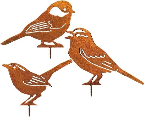 Pacchetto di 5 Studs di Uccello da Giardino - Uccelli in Metallo con Patina con Stelo Metallico per Giardino - Aspetto di Ruggine per Figure di Giardino su Recinzione di Legno