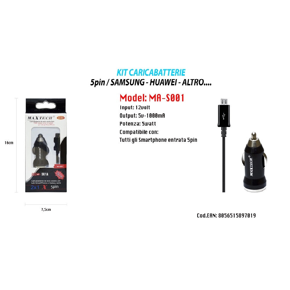 Trade Shop - Kit Caricabatterie Caricatore Da Auto Per Ricarica Samsung Huawei Htc Maxtech Ma-s001 -