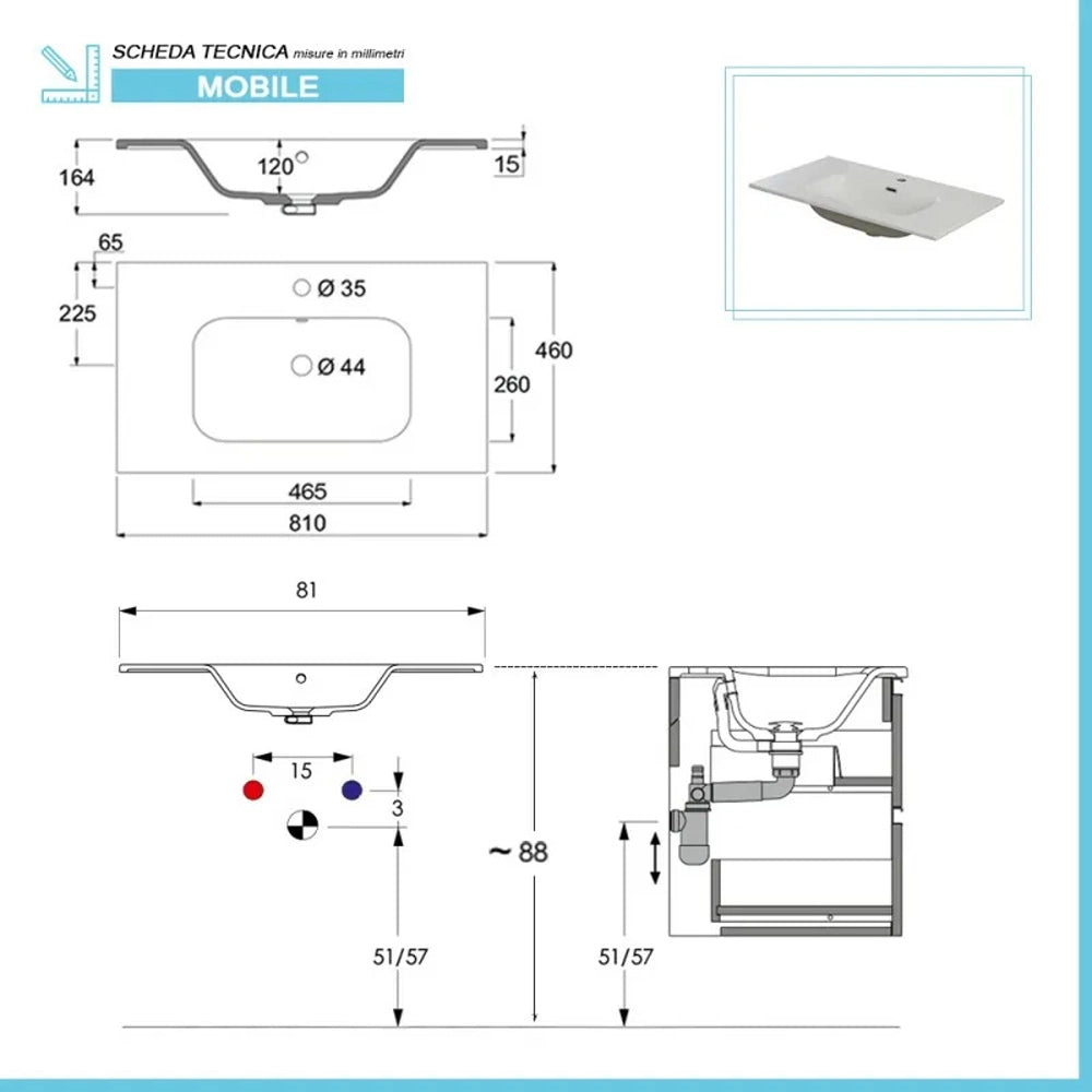 Mobile bagno sospeso 80 bianco cannettato doppi cassetto lavabo e specchio Wise
