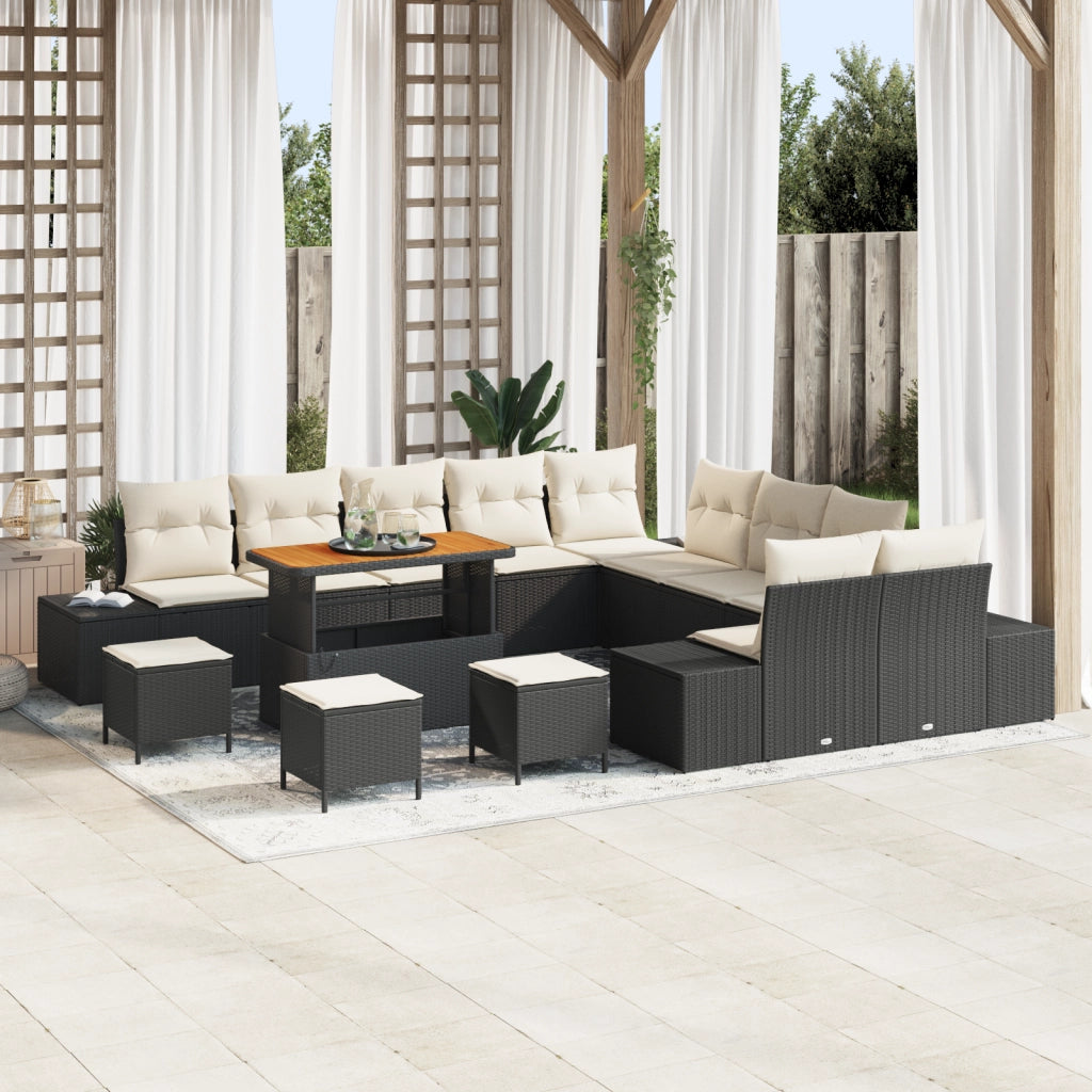 Set di divani da giardino da 14 pezzi con cuscini neri in polyrattan e acacia