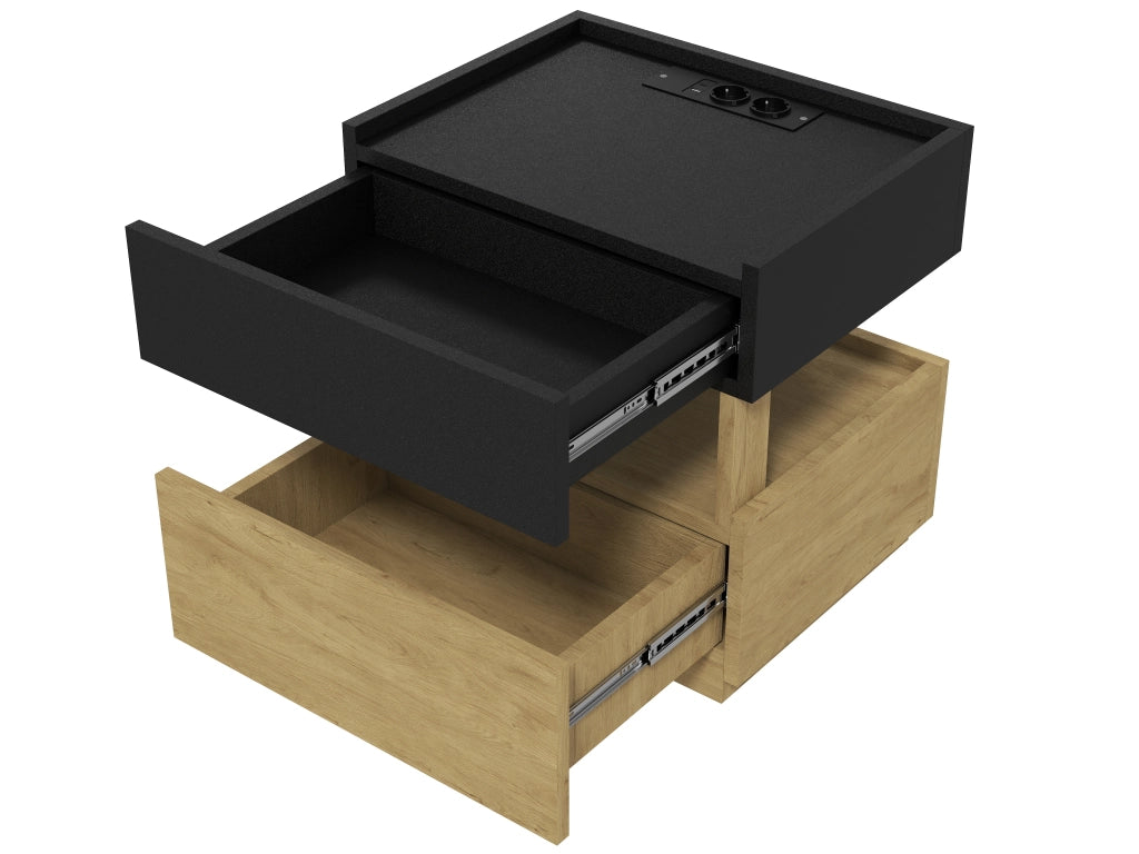 Comodino intelligente con ricarica wireless, illuminazione LED e due cassetti, design moderno bicolore, 50 x 40 x 50 cm