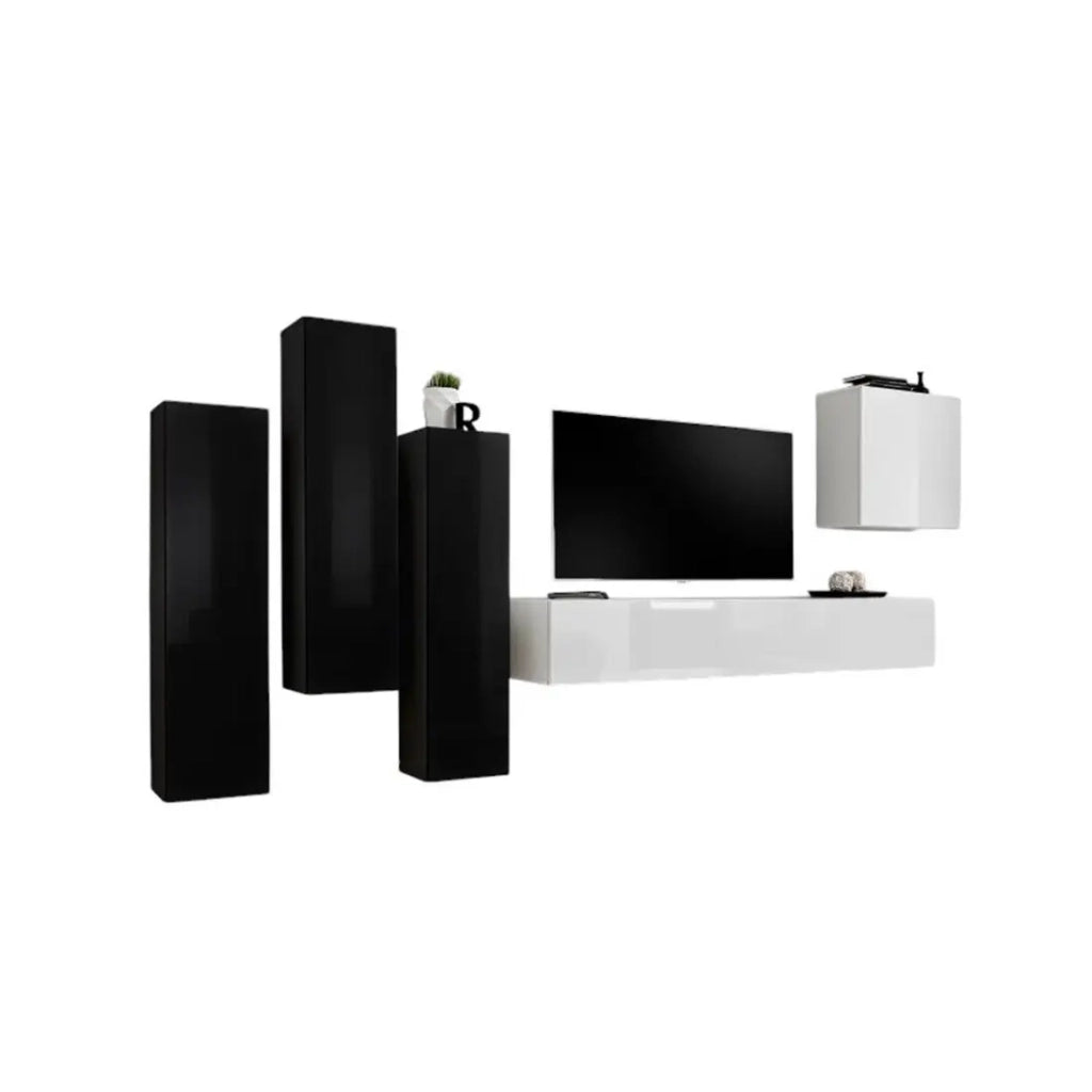 Set di mobili da soggiorno SWITCH III – Design moderno – Nero e bianco lucido – Mobile TV e contenitori sospesi